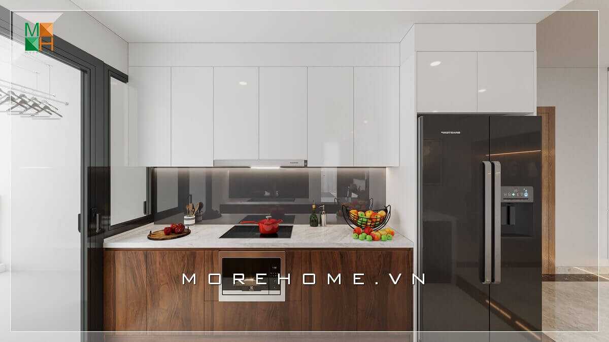 Mẫu thiết kế tủ bếp chữ I gỗ công nghiệp Acrylic bóng gương kết hợp veneer gỗ óc chó kiểu dáng đơn giản, tạo nên vẻ đẹp cao cấp hiện đại cho phòng bếp của bạn Thiết kế phòng bếp