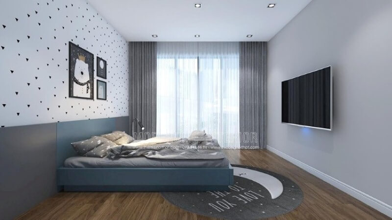 Đối với phòng bé dưới 6 tuổi, ý tưởng trang trí đơn giản nhưng không kém phần sinh động từ giấy dán tường hình tim, tranh treo tường Thiết kế chung cư