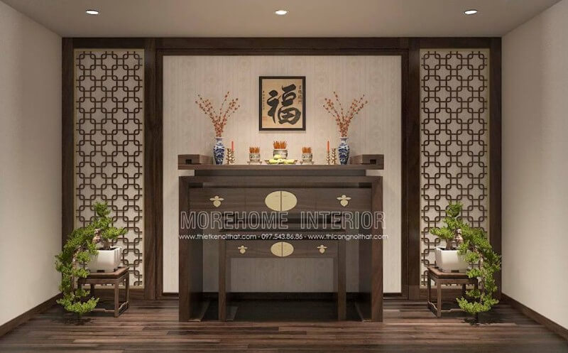 Giấy dán tường màu vàng kim hoa văn cổ điển đẹp, sang trọng cho phòng thờ gia tiên. Thiết kế nội thất chung cư