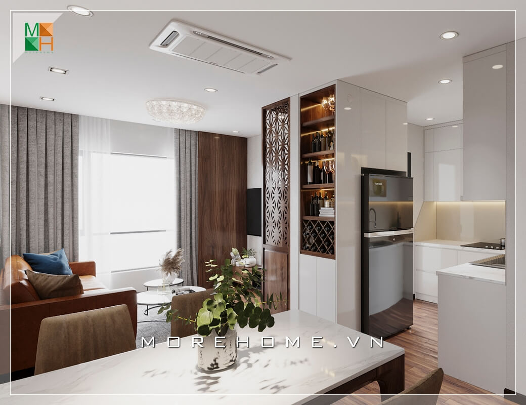 Thiết kế nội thất không gian nhà phố, chung cư đơn giản phong cách hiện đại. Phòng khách liền phòng ăn và phòng bếp, có tính liên kết hài hòa và tiện lợi phù hợp với không gian nhà có diện tích hạn chế. Thiết kế nội thất phòng khách chung cư