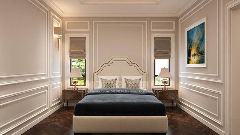 Sắp xếp nội thất phòng ngủ tân cổ điển sang trọng, thông thoáng với hệ cửa đầu giường giúp không gian luôn được thông thoáng. Thiết kế nội thất phòng ngủ biệt thự