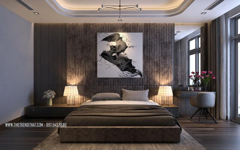 Tranh canvas nghệ thuật tạo điểm nhấn độc đáo cho phòng ngủ master hiện đại. Thiết kế nội thất phòng ngủ biệt thự