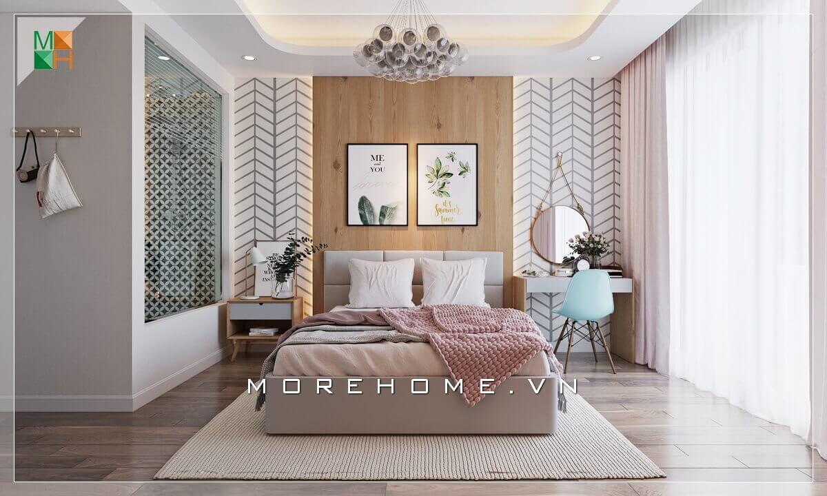 Ấn tượng với gỗ ốp tường giường ngủ rất độc đáo biến căn phòng ngủ trở nên tiện nghi hơn. Thiết kế nội thất phòng ngủ biệt thự