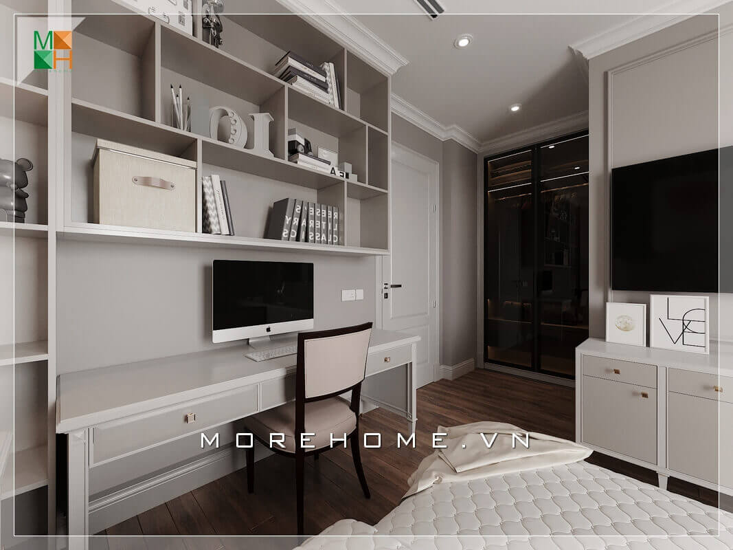 Giới thiệu mẫu thiết kế nội thất bàn làm việc và kệ sách treo tường phòng ngủ đẹp mang phong cách hiện đại. Chất liệu sản xuất chính là gỗ công nghiệp cao cấp An Cường rất đẹp mắt và màu sắc trang trí phù hợp với màu sắc căn phòng. Thiết kế nội thất phòng ngủ biệt thự