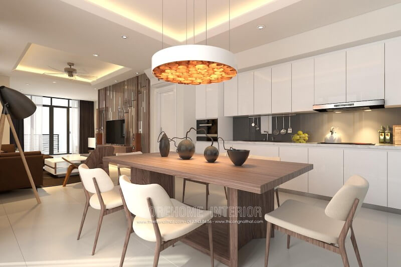 Thiết kế tủ bếp hiện đại đẹp liền kề với khu vực ăn uống, đáp ứng được cho gia chủ những bữa ăn ngon miệng và nhanh chóng Tủ bếp đẹp, tủ bếp đẹp hiện đại, tủ bếp An Cường, tủ bếp cao cấp