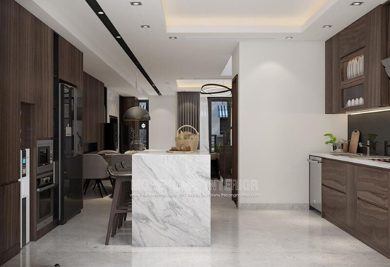 Tủ bếp gỗ An Cường sậm màu kết hợp bàn đảo ốp đá tạo nên vẻ đẹp sang trọng cuốn hút cho phòng bếp. Mẫu nội thất biệt thự đẹp