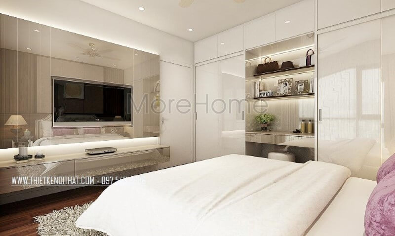 Kệ trang trí gỗ công nghiệp nhưng đẹp, sang trọng lựa chọn ấn tượng cho phòng ngủ vợ chồng hiện đại. Mẫu nội thất biệt thự đẹp