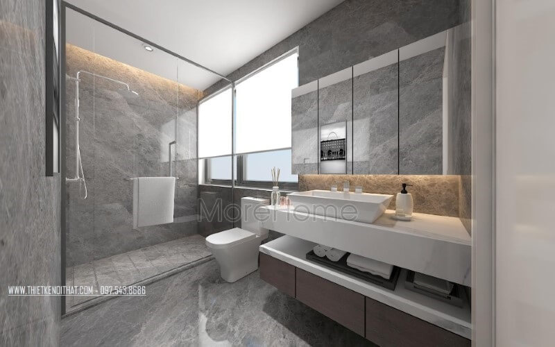 Vách tắm kính cửa trượt cùng cửa sổ lớn được bố trí trong không gian hiện đại đầy đủ tiện nghi tạo nên phòng tắm đẹp, sang trọng cho biệt thự, nhà phố. Mẫu nội thất biệt thự đẹp
