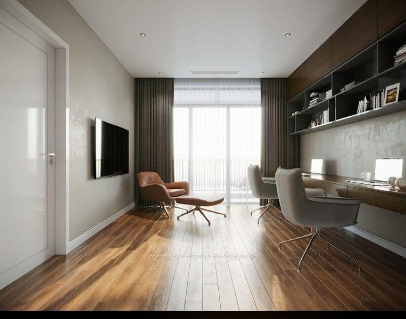 Trang trí phòng học ấn tượng với nội thất gỗ sang trọng từ kệ ốp tường gỗ óc chó cao cấp, bàn học và sàn lát gỗ ấn tượng.