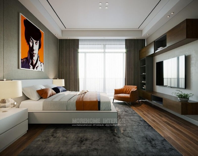 Sắp xếp nội thất phòng ngủ ấn tượng với hệ cửa lớn cùng rèm 2 lớp vừa tận dụng tối đa ánh sáng tự nhiên nhưng vẫn giúp căn phòng chống lại sức nóng oi ả ngày hè hiệu quả.