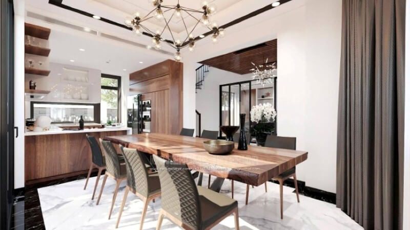 Ngoài điểm đặc biệt từ cách bố trí kệ trang trí, bàn đảo bằng đá nhân tạo LG màu trắng được thiết kế phô ra ngoài lại là điểm đáng chú ý, một mặt vẫn đảm bảo diện tích để chủ nhân có thể phô diễn món ăn thỏa mái, một mặt bạn lại có thể vừa nội trợ vừa có thể để mắt con học một cách dễ dàng.