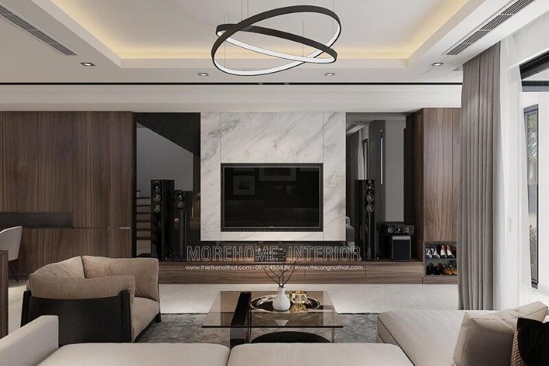 Bố trí phòng khách ấn tượng từ tấm ốp phòng khách tương phản giữa 2 sắc màu đối lập: đen trắng.