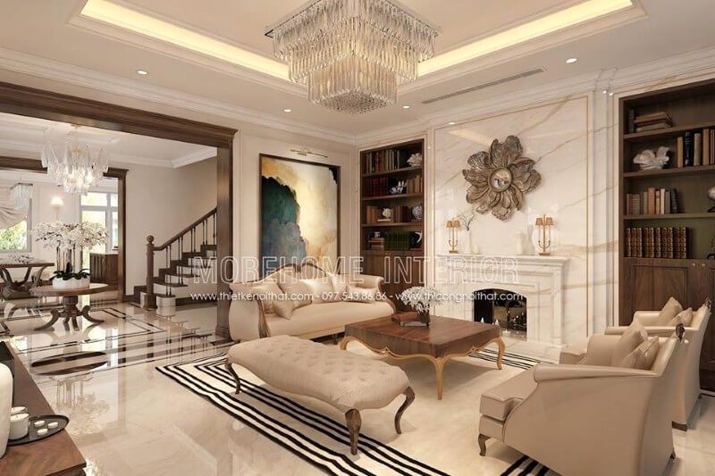 Trang trí nội thất biệt thự cao cấp với chất liệu gỗ óc chó, sự kết hợp hài hòa giữa tone màu nâu trầm và màu vàng be tạo nên một không gian sống đẳng cấp hơn cả