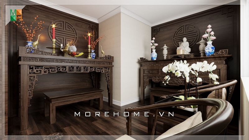 Ấn tượng với mẫu gỗ lát nền và gỗ ốp tường bàn thờ rất trang trọng thể hiện sự đầu tư của gia chủ vào nơi thiêng liêng này.