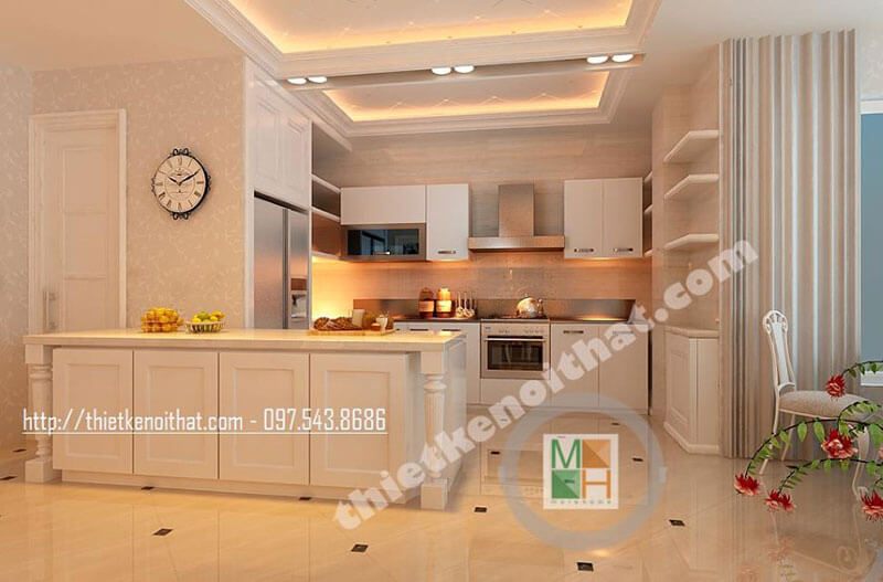Thiết kế nội thất phòng bếp hiện đại với nội thất gỗ tone màu trắng ấn tượng tạo không gian nấu nướng tiện nghi cho người nội trợ