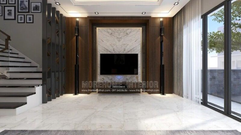 Trang trí phòng khách với đá trắng đối vân ốp tường đen cùng thiết kế đối sánh giữa hai dàn loa dọc theo đường chiếu sáng từ mảng tường gỗ đẹp mắt.