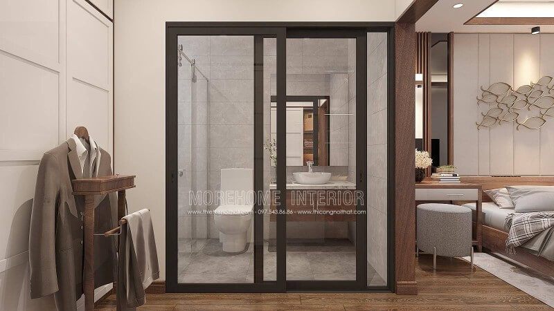 Là mẫu thiết kế nội thất phòng ngủ khép kín phong cách hiện đại khá phù hợp cho các bạn nam thanh niên mới lớn hay người đi làm, ý tưởng sử dụng kệ để quần áo tiện lợi sẽ là ý tưởng giúp bạn tiết kiệm đáng kể thời gian tìm trang phục ưng ý.