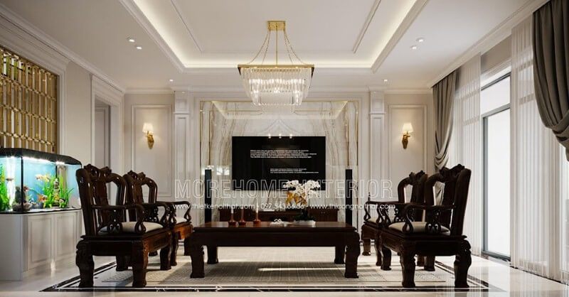Các đá tự nhiên được sử dụng để làm ốp tường giúp tạo nên một không gian sang trọng và độc đáo cho phòng khách cao cấp.