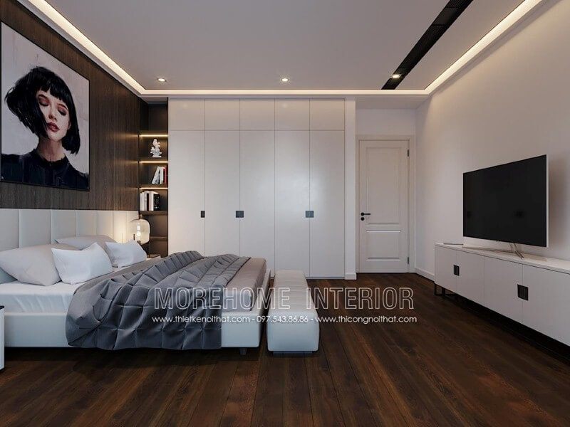 Tủ quần áo gỗ công nghiệp sơn trắng mang lại vẻ đẹp tinh tế và sang trọng trong phòng ngủ hiện đại.