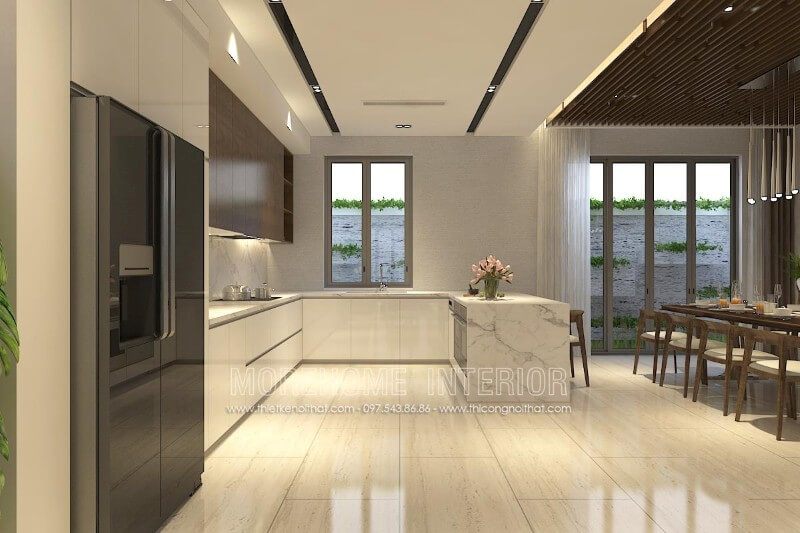 . Sử dụng mẫu tủ bếp gỗ công nghiệp với nhiều ngăn và hộc tủ đa dạng để thiết kế một phòng bếp hiện đại, tiện nghi và có không gian lưu trữ vật dụng gọn gàng và ngăn nắp.